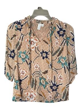 Joie Floral V-Neck Peasant Blouse in Beige Sz S